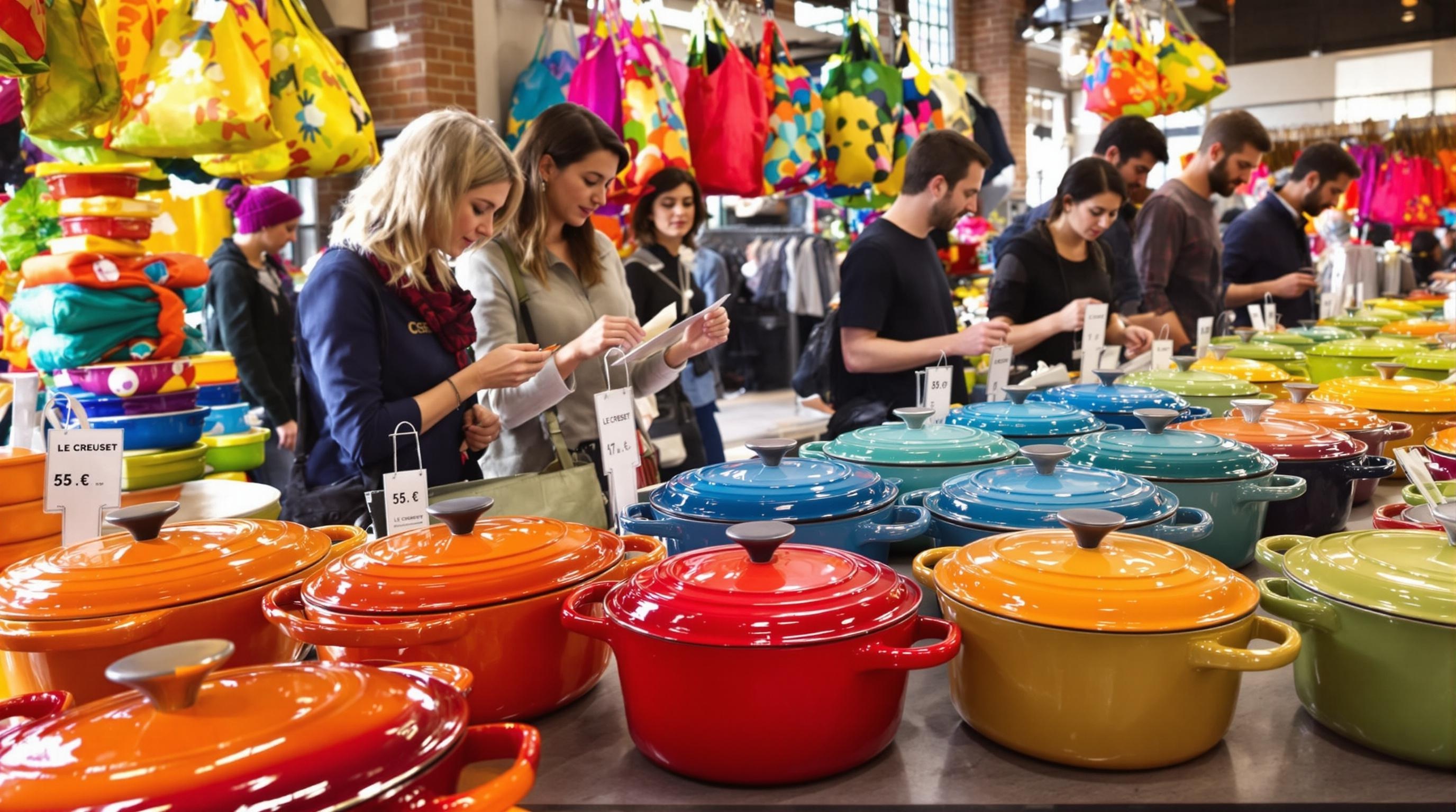 Rangée de cocottes Le Creuset sur une table de braderie avec étiquettes visibles.