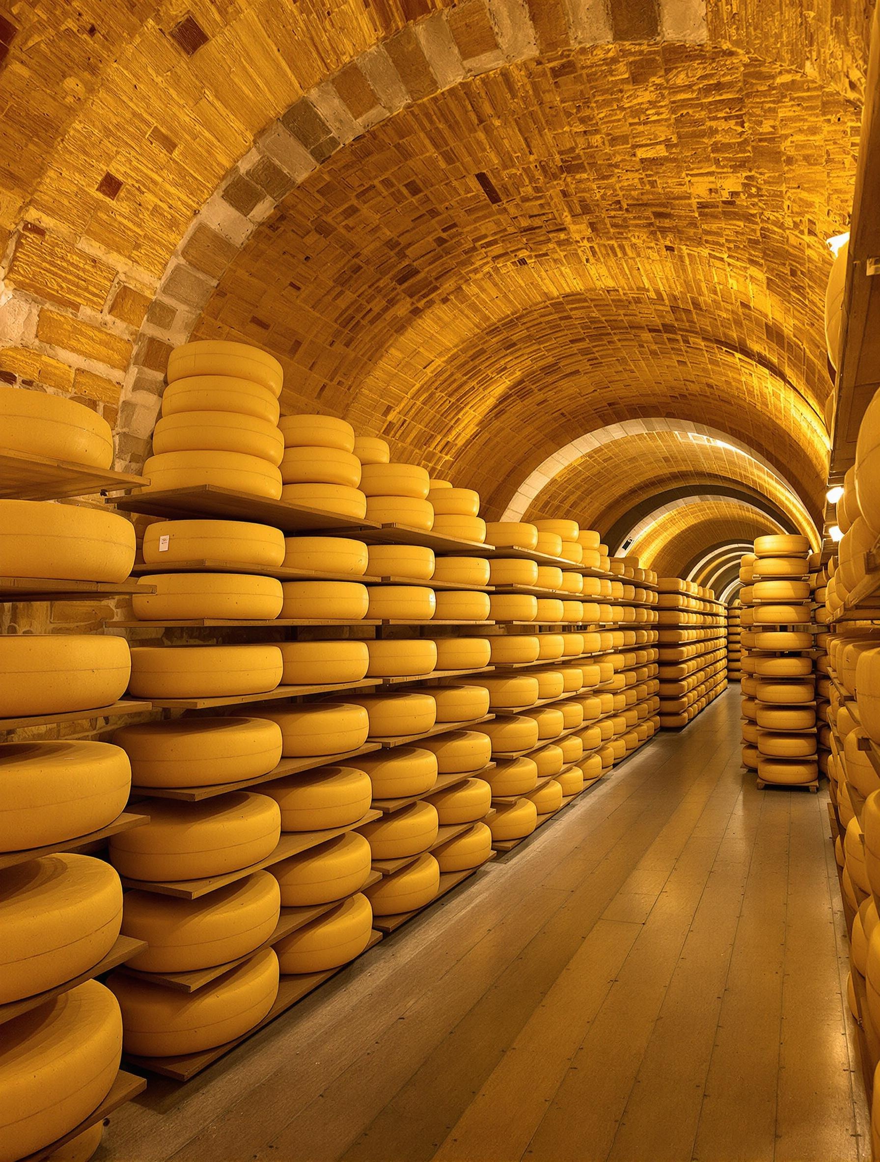 Cave d'affinage de Comté dans le Jura avec des meules sous une lumière chaude