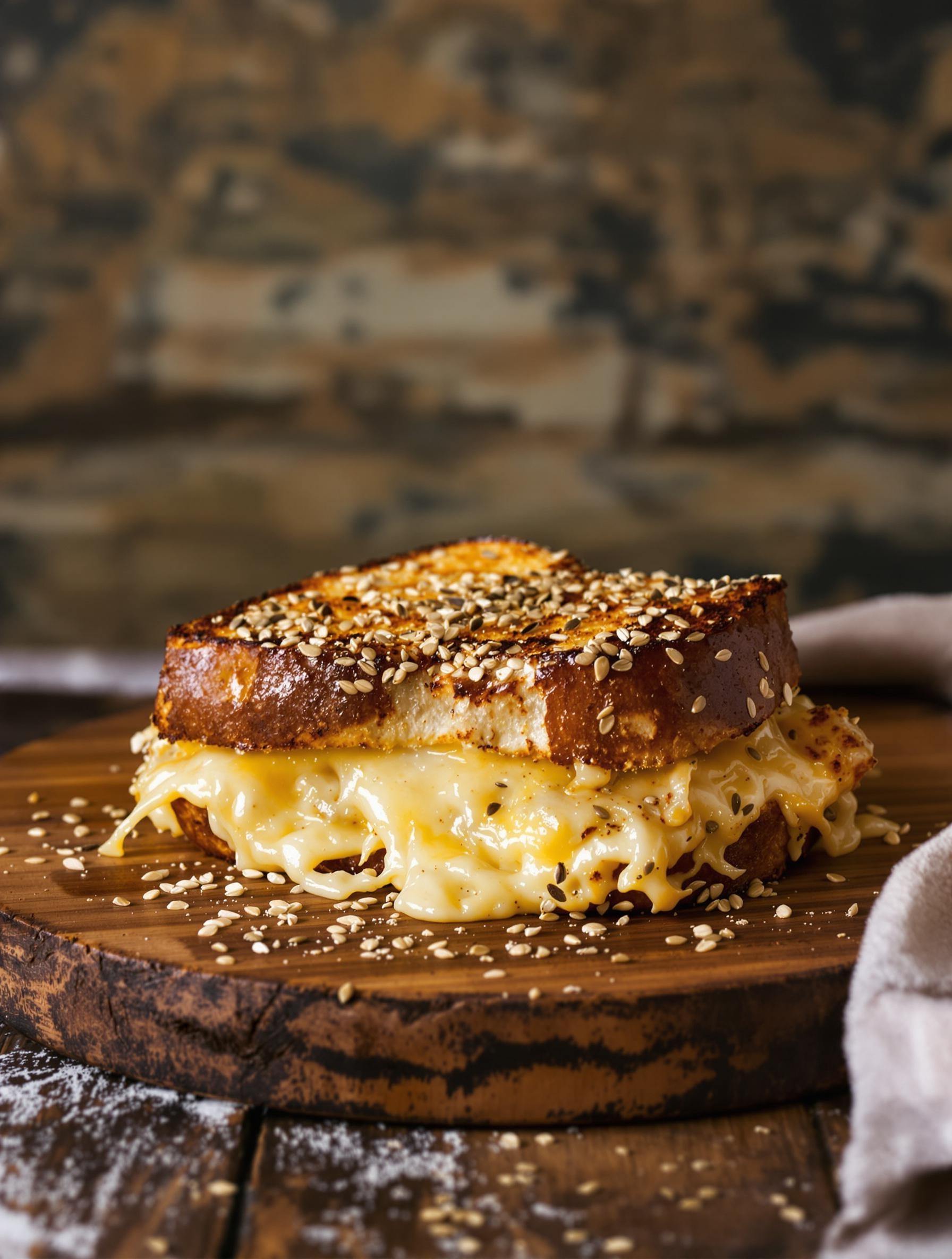Croque-monsieur au Comté de La Ferté avec graines torréfiées, présenté sur une planche rustique