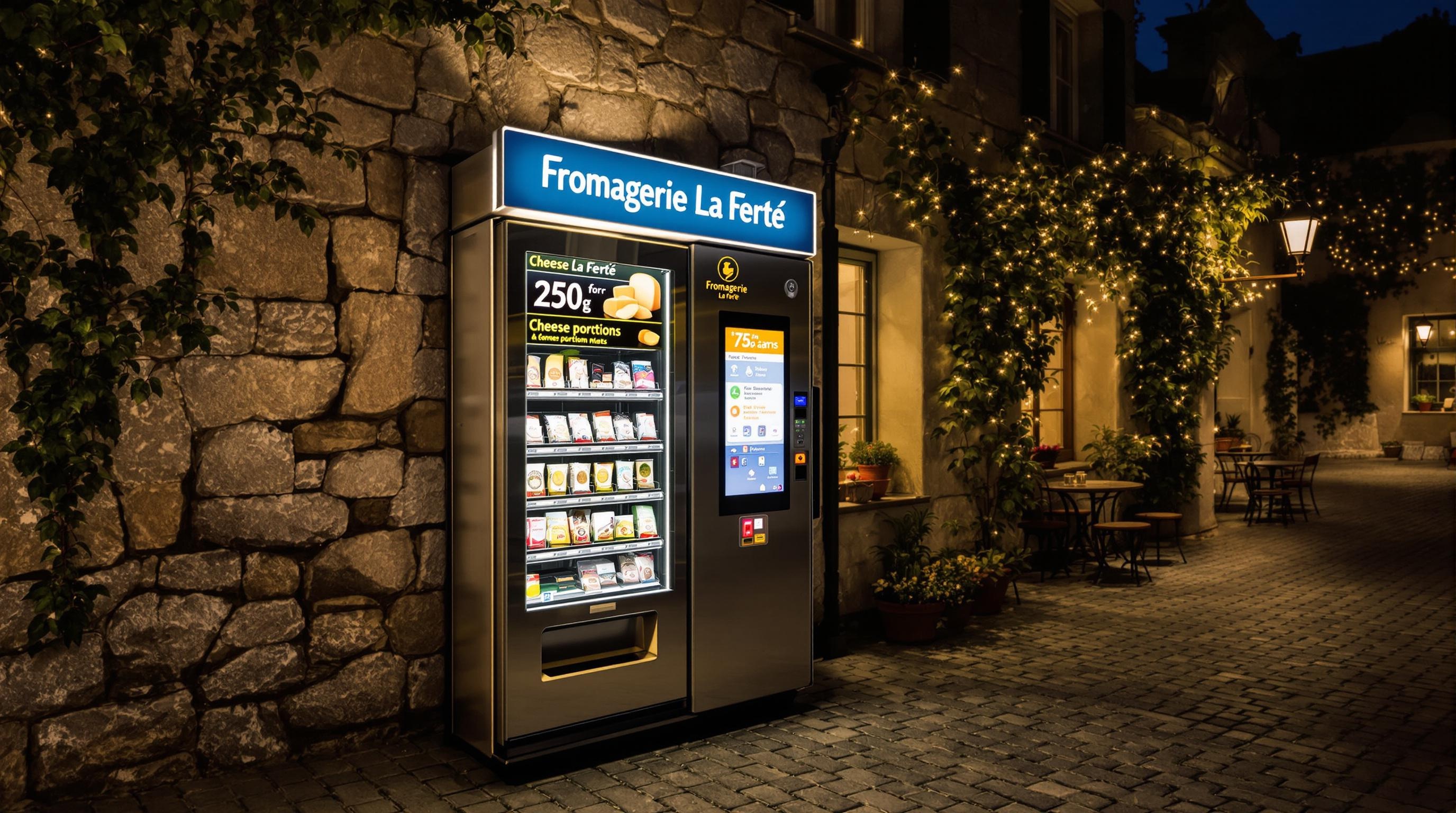 Distributeur automatique de fromage à La Ferté, de nuit, avec écran tactile et portions de 250g