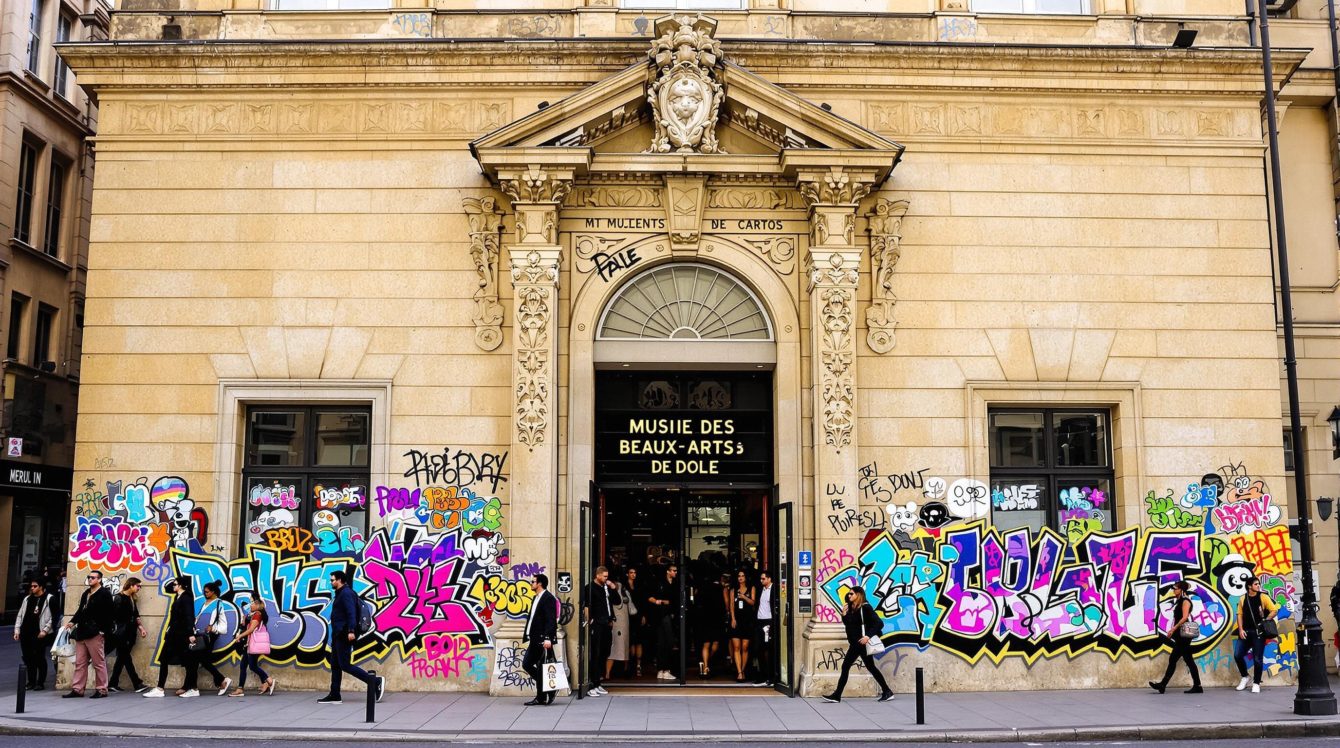 Façade du musée des beaux-arts de Dole avec tags colorés et visiteurs