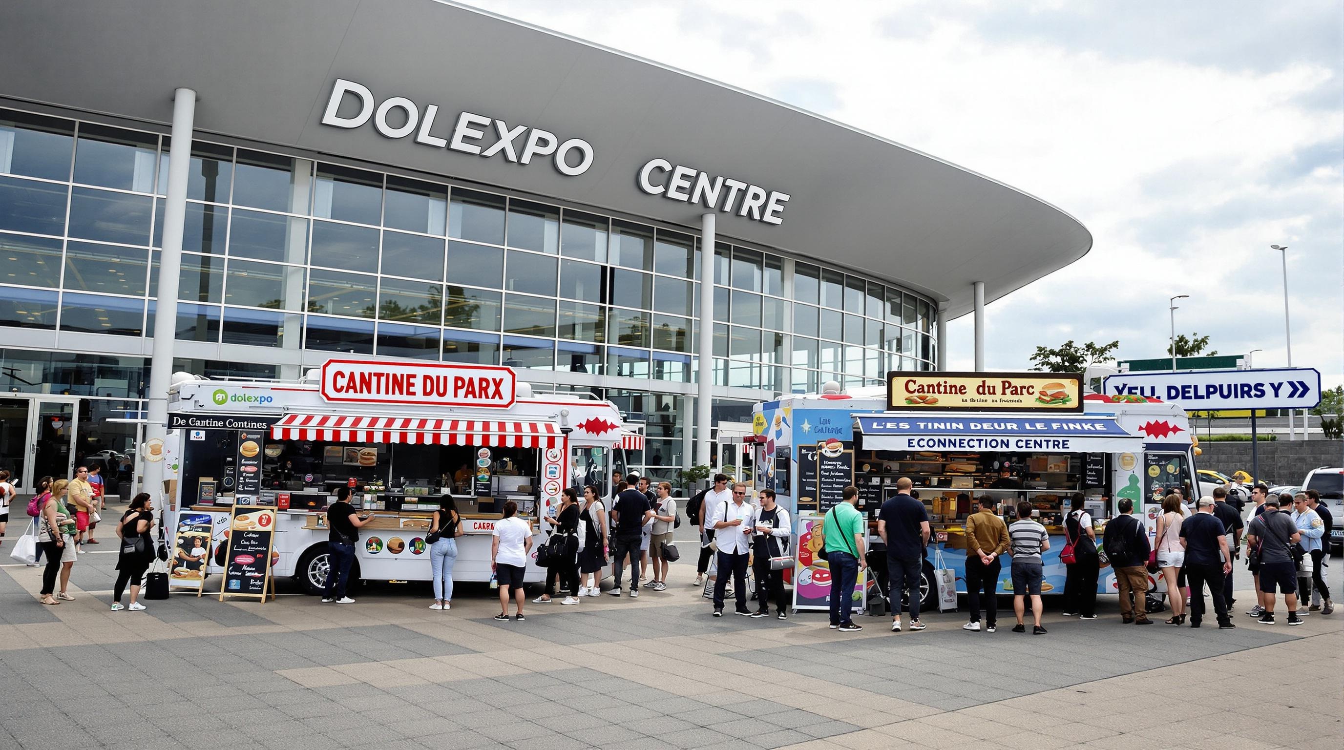 Deux food-trucks devant Dolexpo, clients mangeant sandwichs bon marché