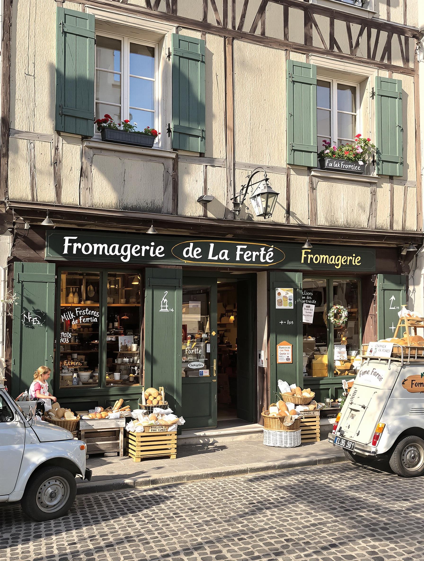 Devanture rustique de la Fromagerie de La Ferté un matin d'été avec volets verts et camionnettes de collecte