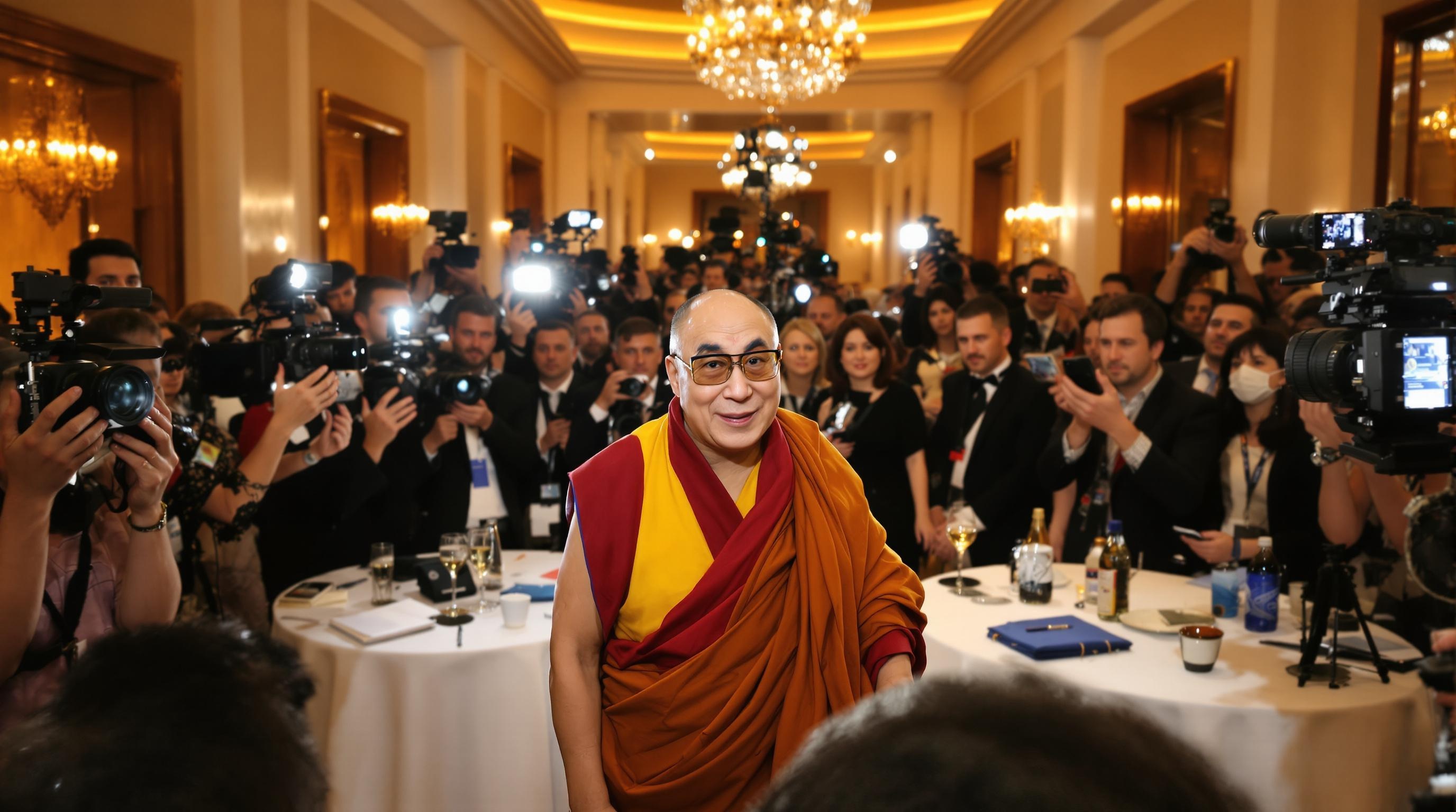Dalaï Lama à Berlin entouré de journalistes et participants.