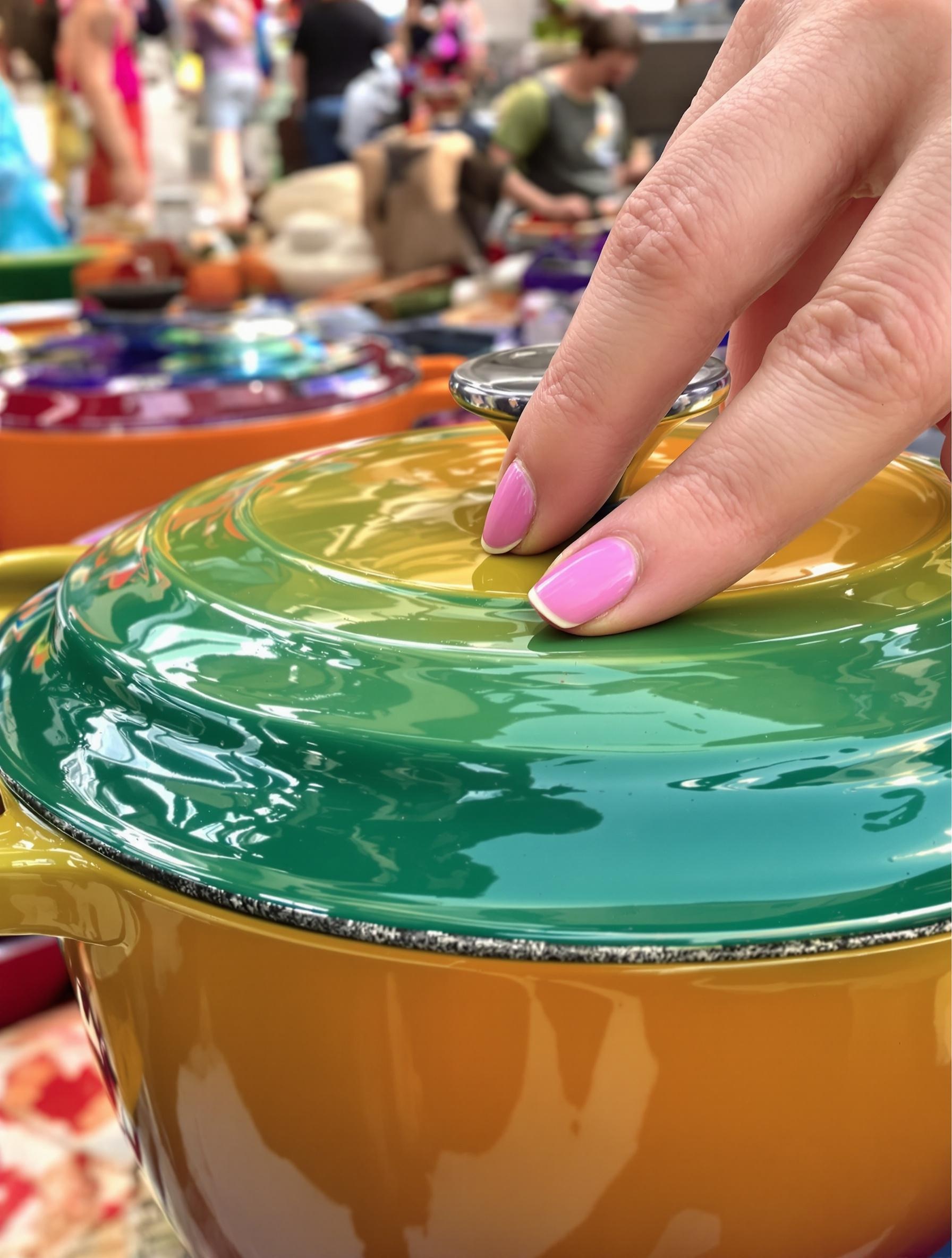 Gros plan sur une cocotte Le Creuset colorée avec une main inspectant une bulle sur l’émail.