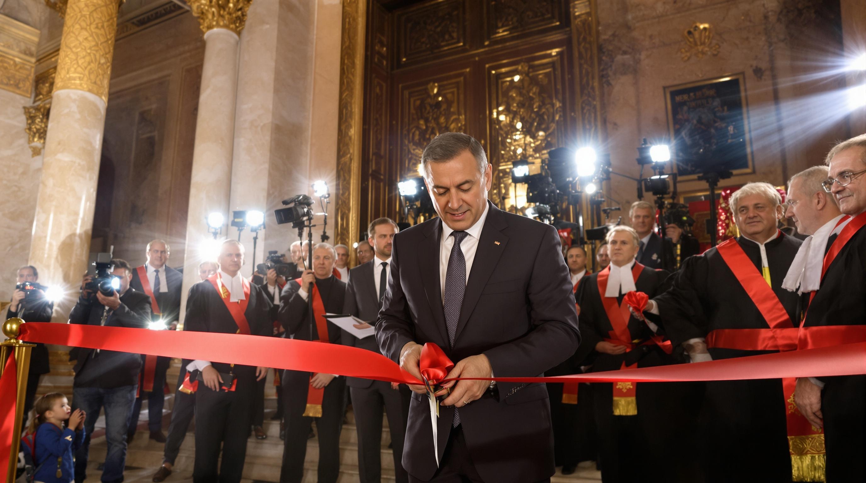 Invité d’honneur coupant le ruban devant juges internationaux à Rome.