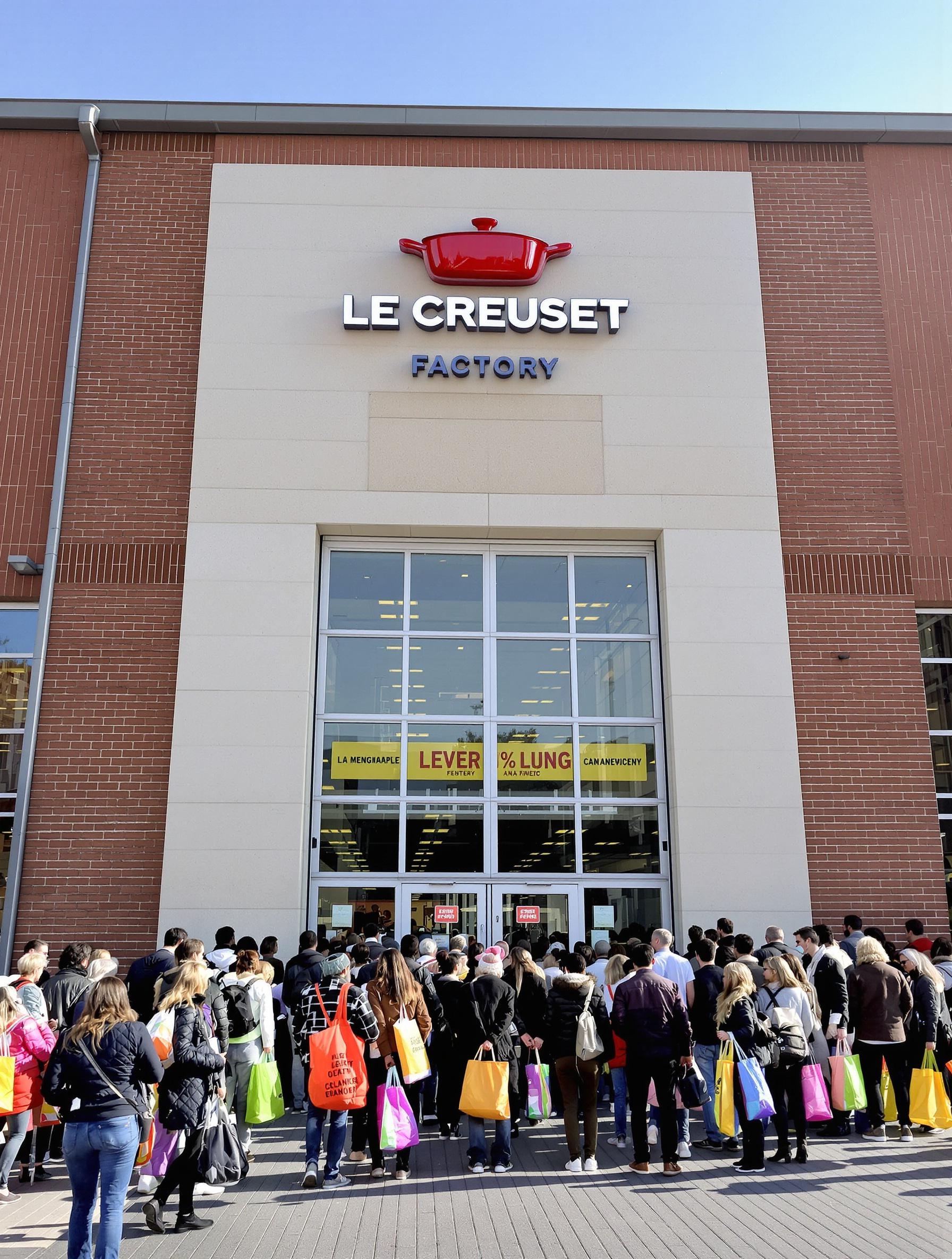 Façade de l’usine Le Creuset à Fresnoy-Le-Grand avec foule de visiteurs.