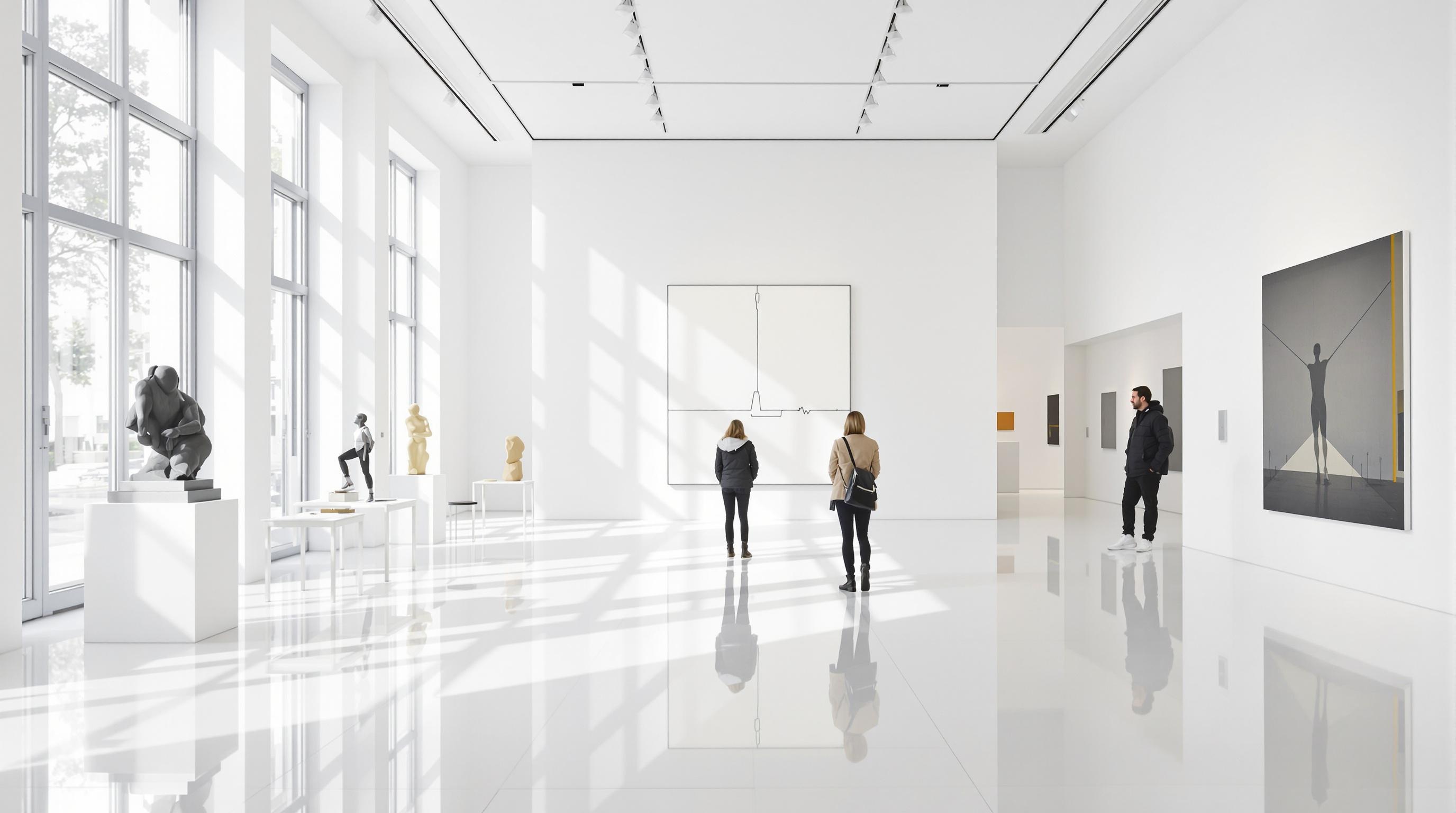 Intérieur lumineux du musée des beaux-arts de Dole avec œuvres minimalistes et visiteurs