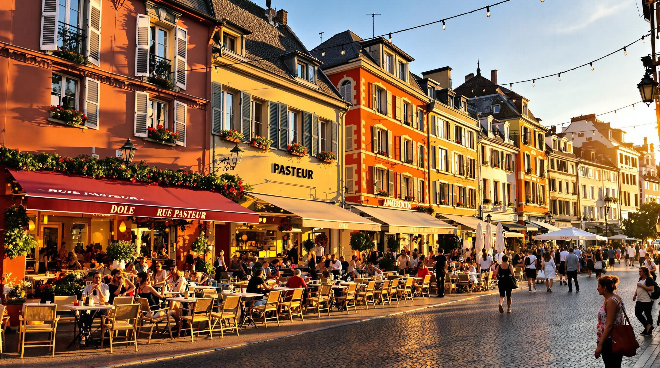 Vue sur rue Pasteur Dole terrasses animées façades colorées soirée conviviale
