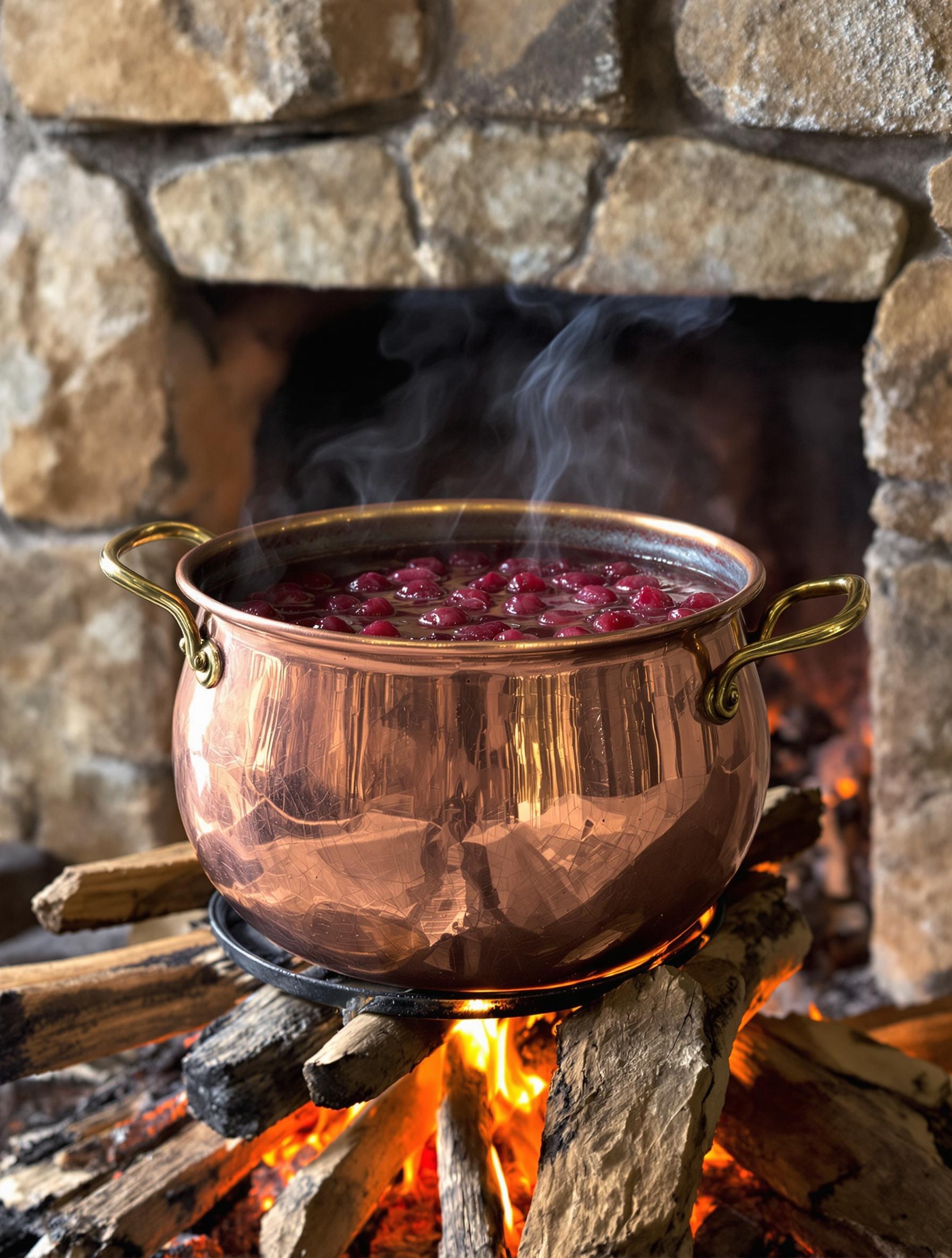 Chaudron cuivre artisanal en Moselle en pleine cuisson