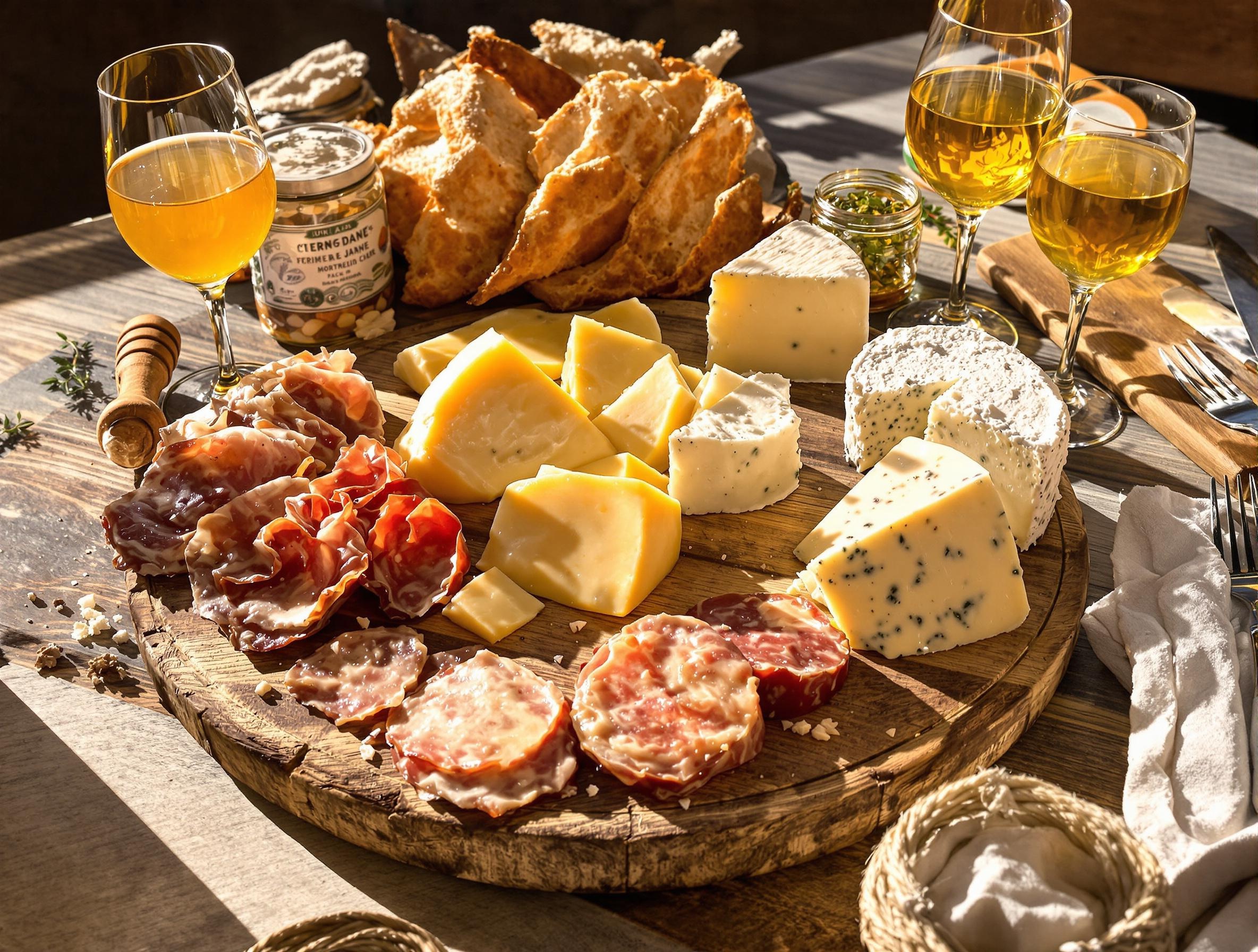 Plateau de fromages avec Comté, Morbier, raclette, tomme au fenugrec, charcuterie et Vin Jaune du Jura