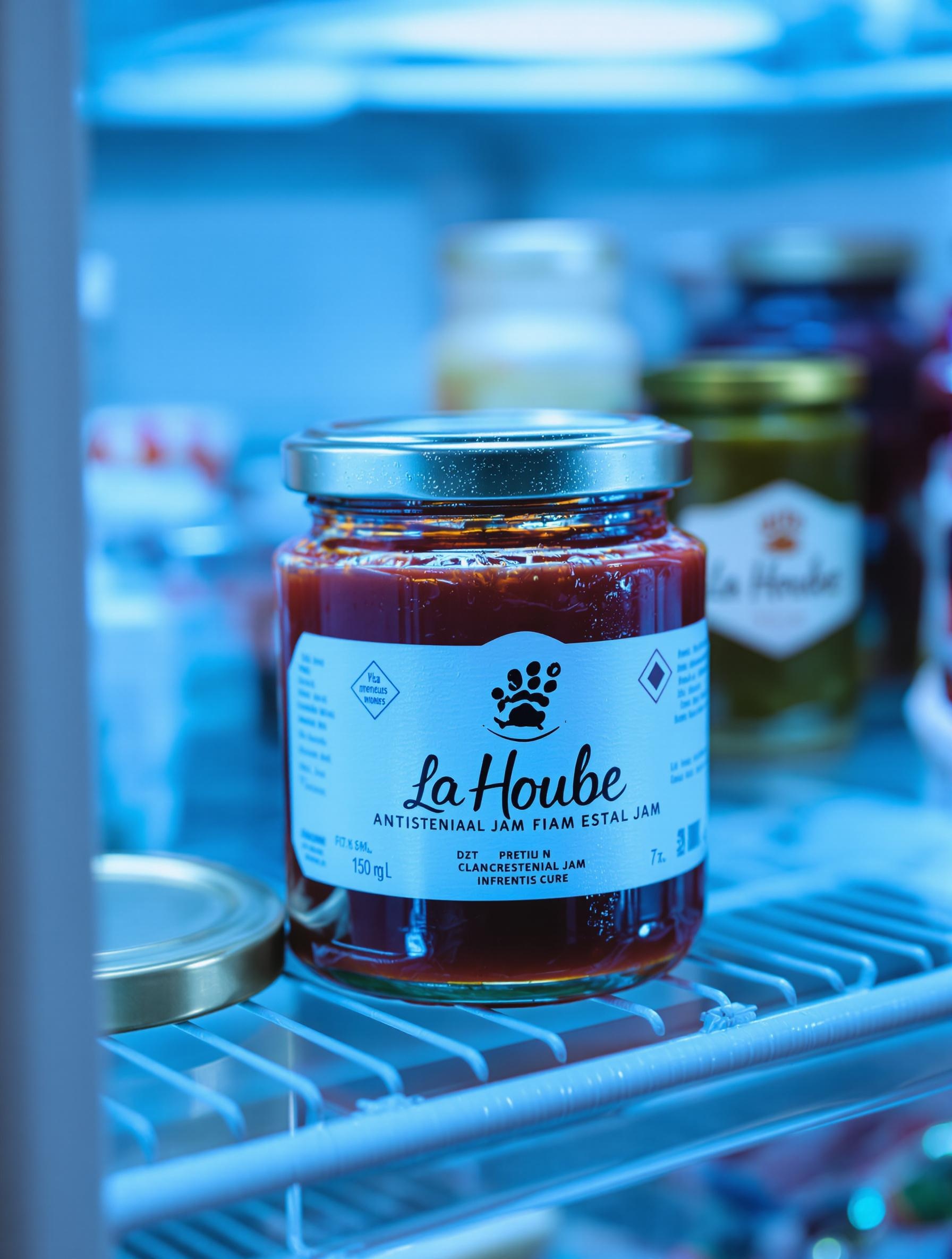 Pot de confiture artisanal ouvert dans un réfrigérateur, étiquette La Hoube visible.