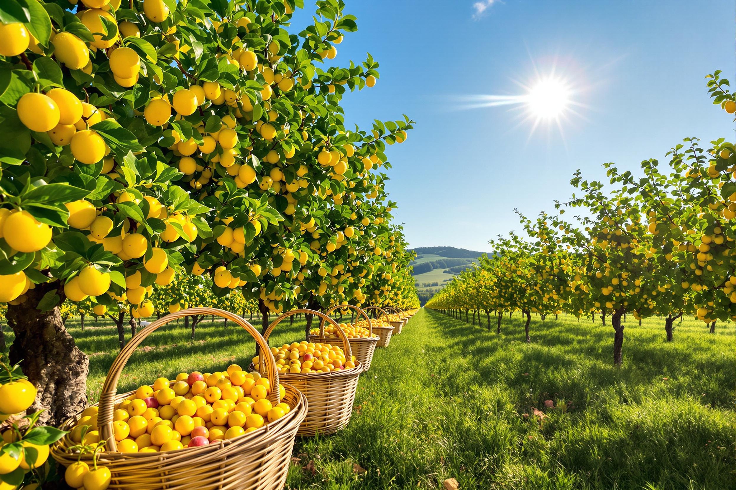 Rangées de mirabelliers gorgés de soleil dans la campagne mosellane, paniers débordant de fruits mûrs prêts pour le chaudron.