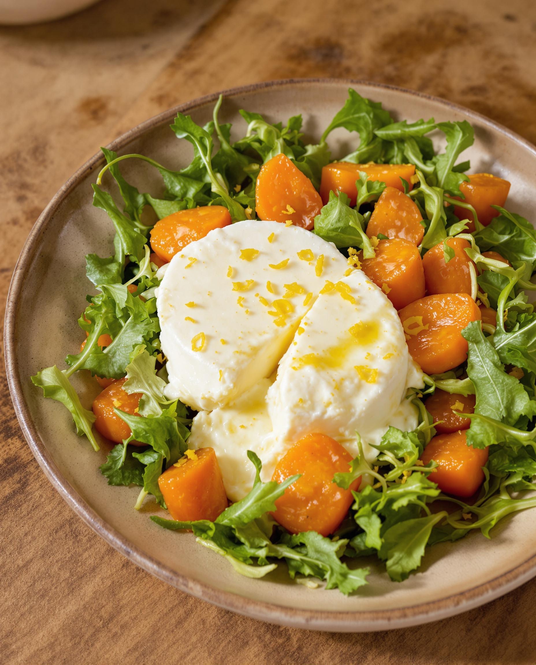 Salade tiède au Morbier et potimarron avec zeste de citron, spécialité du Jura