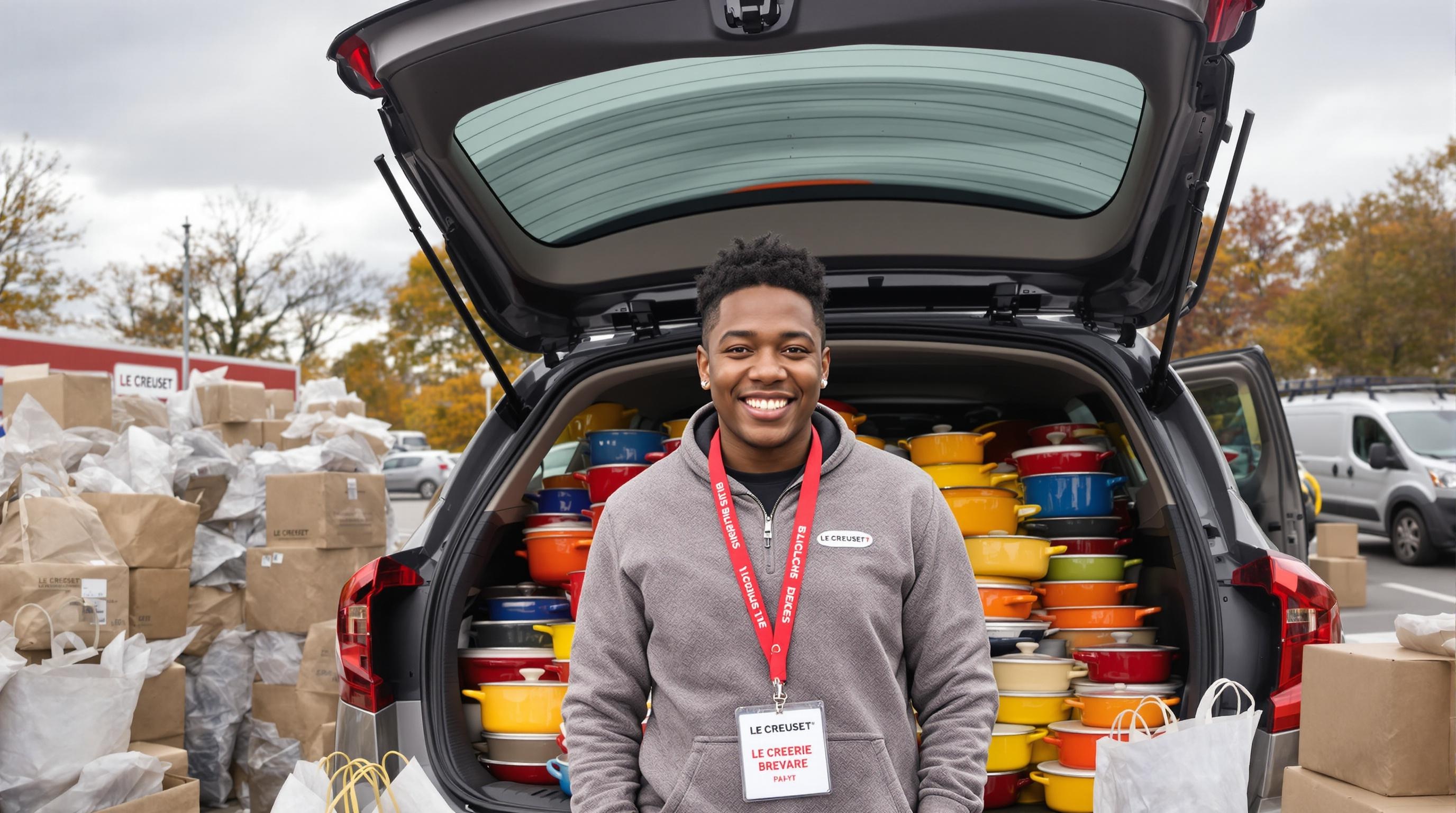 Personne souriante devant un coffre rempli de cocottes colorées après la braderie Le Creuset.