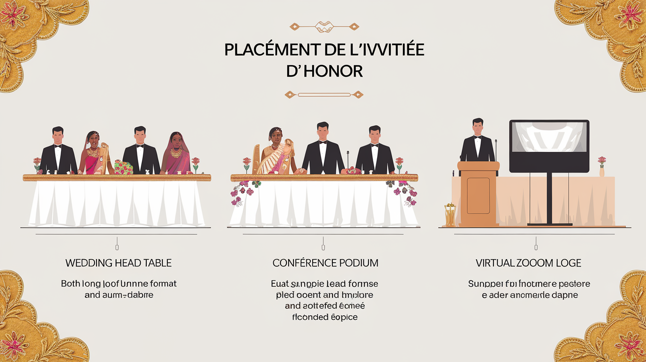 Schémas placement invité d’honneur table mariage U conference digital traditions Kenya Lucknow.