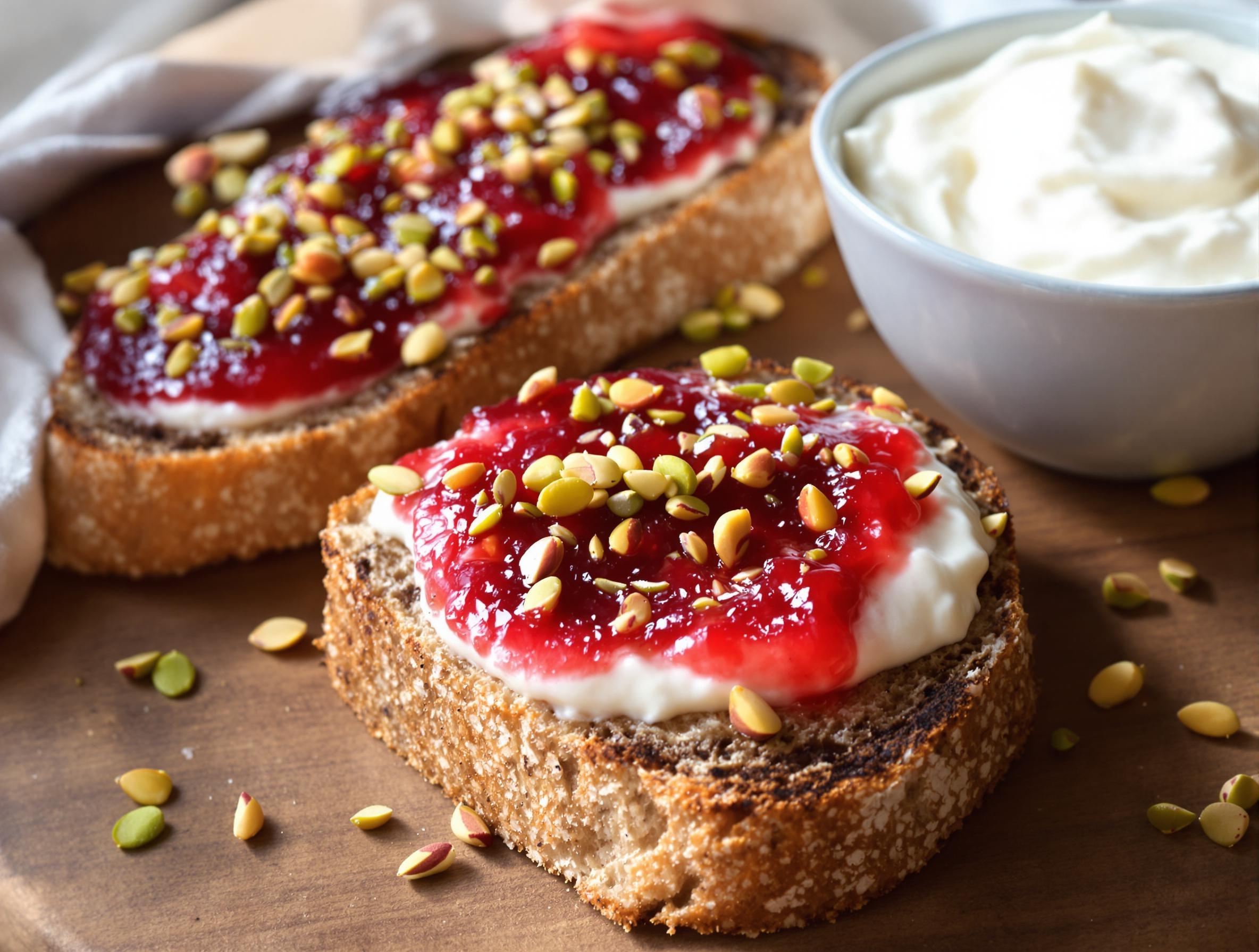 Tartine de pain complet nappée de confiture framboise-rose, granulés de pistache et yaourt grec crémeux à côté.