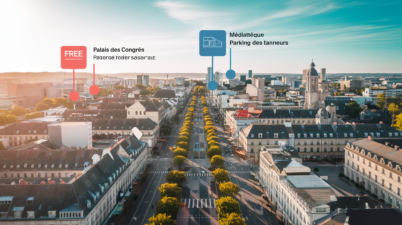 Vue drone du centre de Dole avec repères sur trois parkings gratuits