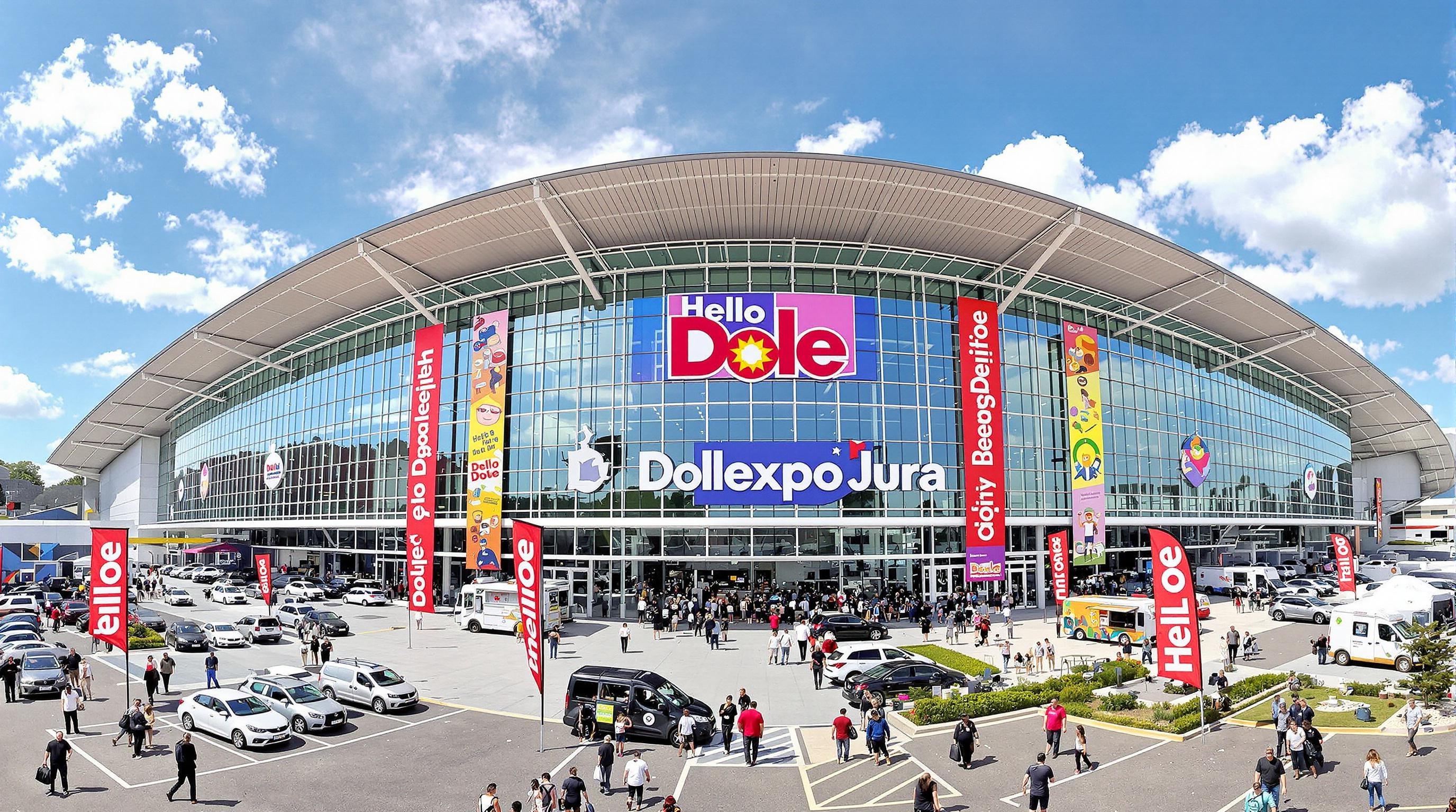 Vue extérieure de Dolexpo Parc du Jura avec parkings et signalétique Hello Dole